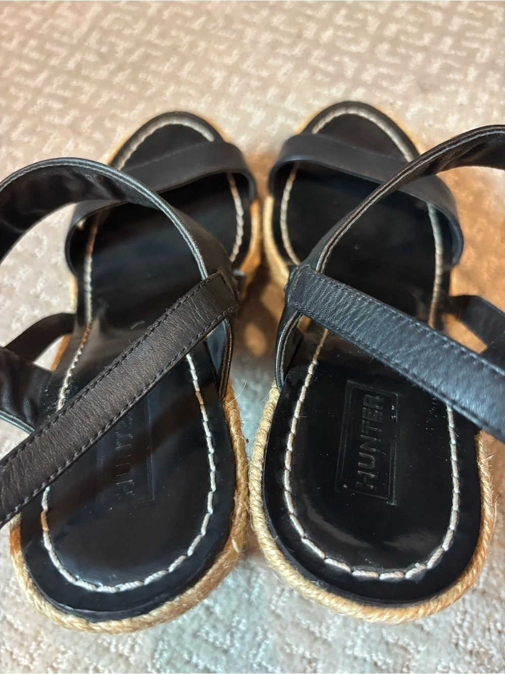 HUNTER Gonave Leather and Wood Block Heel Platform Espadrille Sandals, 9 GUC